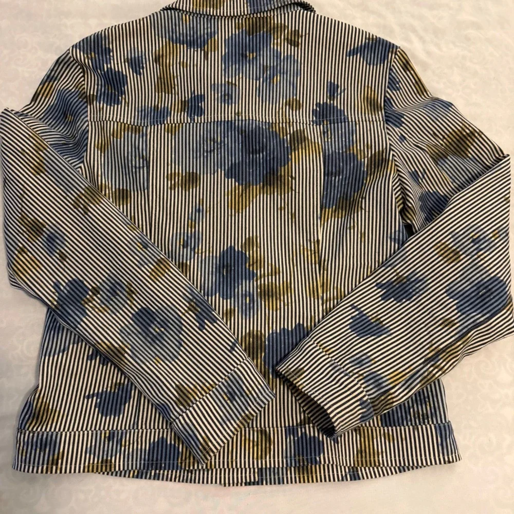 Olsen Europe Womens Blue White Pinstripe Floral Button Front Jacket US 8